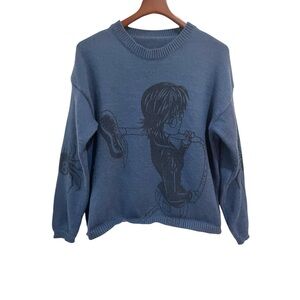 Anime Style Graphic Sweater Blue Crewneck Boxy Cropped Y2K Grunge Womens L